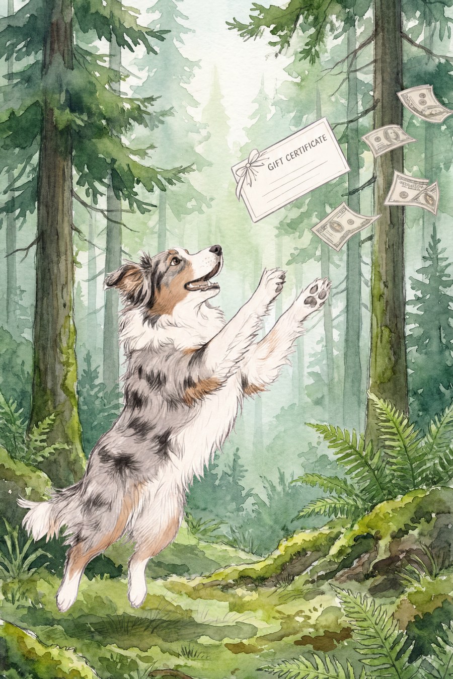An Australian shepherd leaping in a Pacific Northwest forest to catch a Dingo Doggo Photography gift certificate as dollar bills fly